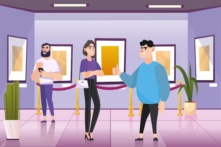 Vector concepto museo con escena de personas en el diseño de dibujos animados de fondo grupo de turistas