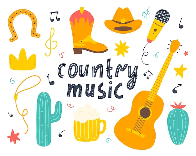Concepto de música country Conjunto de elementos de música country en estilo dibujado a mano