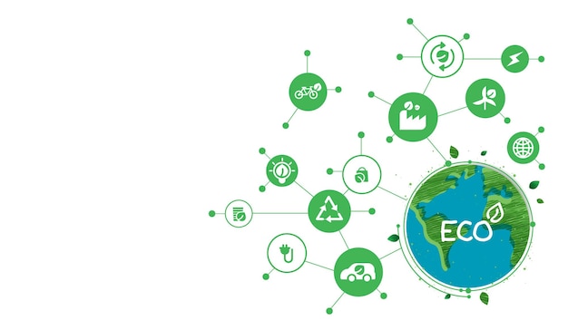 El concepto de naturaleza de la tecnología ecológica de ahorro de energía con iconos piensa en la ecología verde y ahorra energía concepto de idea creativa diseño de vector de planeta respetuoso con el medio ambiente