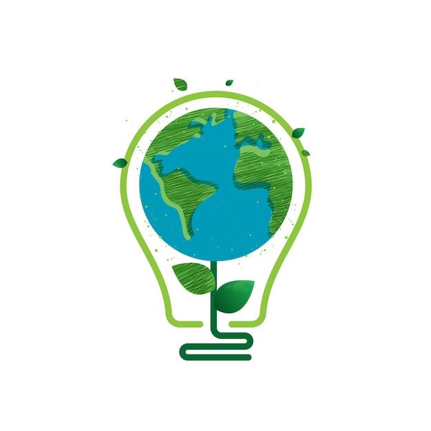 Concepto de naturaleza de tecnología de lámpara LED ecológica de ahorro de energía pensar en ecología verde y ahorrar energía concepto de idea creativa diseño de vector de planeta respetuoso con el medio ambiente