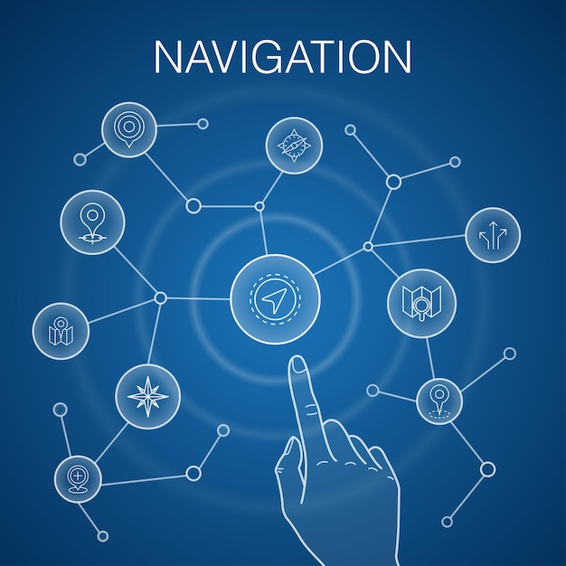 Concepto de navegación, fondo azul. ubicación, mapa, gps, iconos de dirección