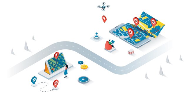 Concepto de navegación GPS Banner web isométrico 3d Las personas usan mapas y aplicaciones en línea con geolocalización