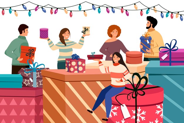 Concepto de navidad y año nuevo. la gente sostiene cajas de regalo y se interpone entre los regalos.