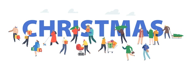Concepto de Navidad. La gente feliz lleva cajas de regalo en las manos y el carrito de compras compra regalos en la feria. Los personajes se apresuran para el cartel, pancarta o folleto de celebración de Navidad. Ilustración de vector de gente de dibujos animados