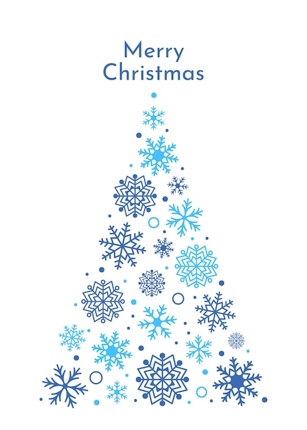 Concepto de Navidad. Lindo árbol de Navidad de copos de nieve con diferentes patrones y tamaños. Tarjeta.