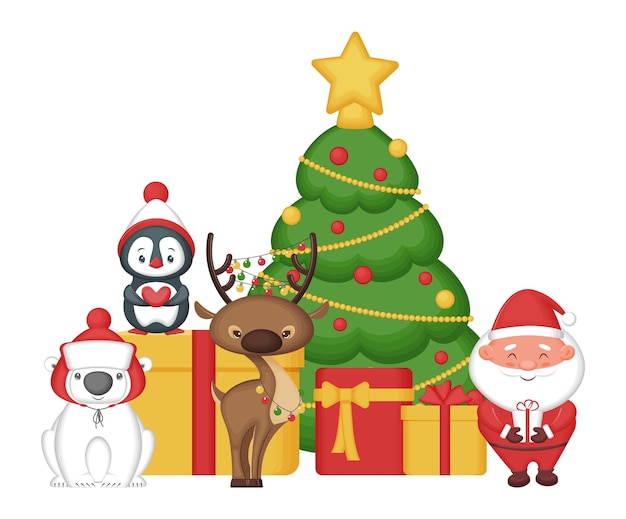 Vector concepto de navidad. lindos personajes de dibujos animados y animales.