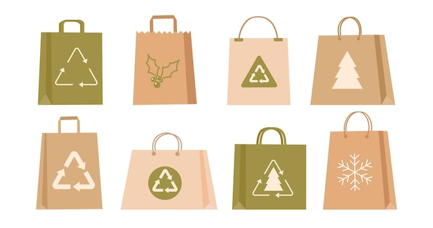 Concepto de Navidad sostenible Santa de bolsas de compras ecológicas de Navidad aisladas en blanco