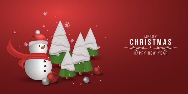 Concepto de Navidad para su diseño Muñeco de nieve de dibujos animados con abeto nevado decorativo y copos de nieve que caen Ilustración vectorial