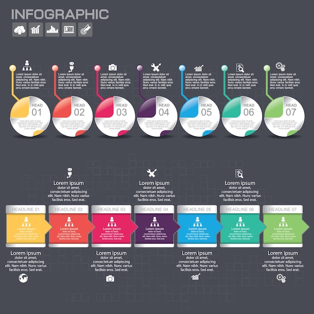 El concepto de negocio con 7 opciones de pasos o procesos de piezas se puede utilizar para el diseño del flujo de trabajo, opciones de número de diagrama, diseño web