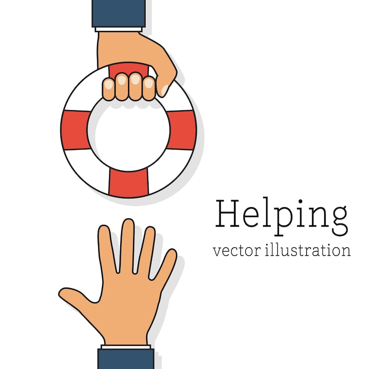Vector concepto de negocio de ayuda. empresario sosteniendo un aro salvavidas en la mano. para dar ayuda al hombre que se ahoga, metáfora. diseño plano de líneas de ilustración vectorial. aislado sobre fondo blanco.