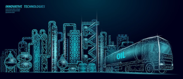 Vector concepto de negocio de baja poli complejo de refinería de petróleo de petróleo. planta de producción petroquímica poligonal de economía financiera. camión de la industria del combustible de petróleo. solución ecológica azul