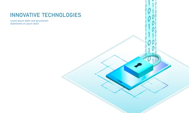 Concepto de negocio de bloqueo de seguridad isométrica de internet. Azul brillante isométrica información personal conexión de datos pc smartphone tecnología futura. Ilustración infografía 3D