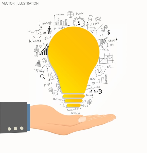 Concepto de negocio Bombilla con dibujo idea de plan de estrategia de éxito empresarial Lámpara eléctrica en mano