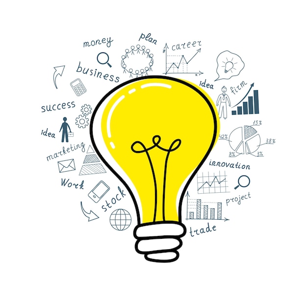 Concepto de negocio Bombilla con dibujo plan de estrategia de éxito de negocio idea Ilustración vectorial