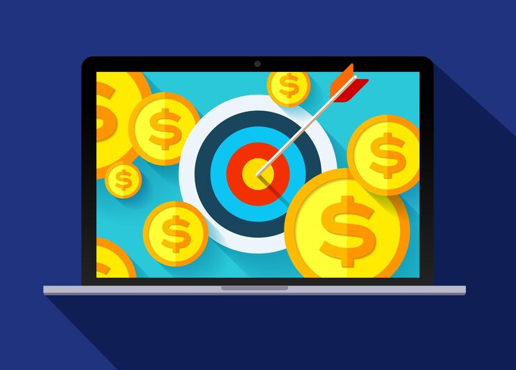 Vector concepto de negocio bullseye. flecha en el objetivo central. ganar dinero. elemento de diseño vectorial