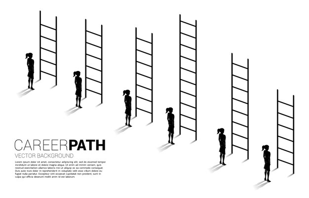 Concepto de negocio de competencia y desafío. silueta de grupo de empresaria con varios escalera alta.