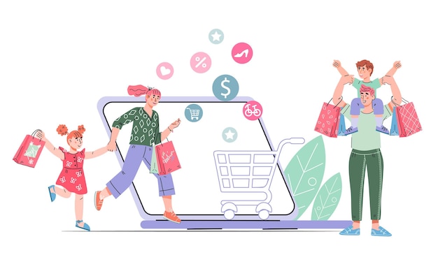 Concepto de negocio de compras en línea con personajes de dibujos animados de compradores que hacen pedidos en la tienda de Internet ilustración de vector de dibujos animados plana aislado sobre fondo blanco
