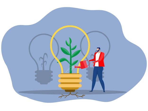 Concepto de negocio creativo empresario regando un árbol en el que crecen nuevas ideas