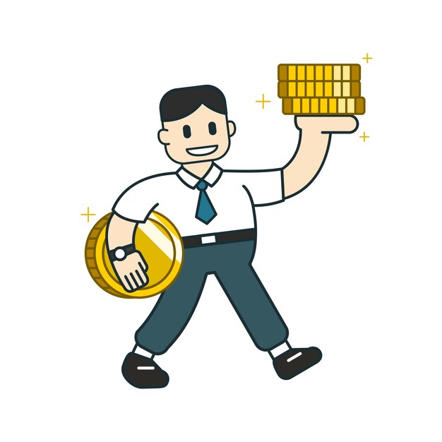 Concepto de negocio de dibujos animados un empresario con pila de monedas grandes
