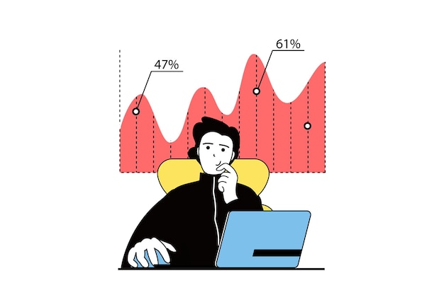 Concepto de negocio digital con escena de personas en diseño web plano El hombre analizando gráficos de datos aumenta las estadísticas de ventas de comercio electrónico Ilustración vectorial para material de marketing de banners en redes sociales