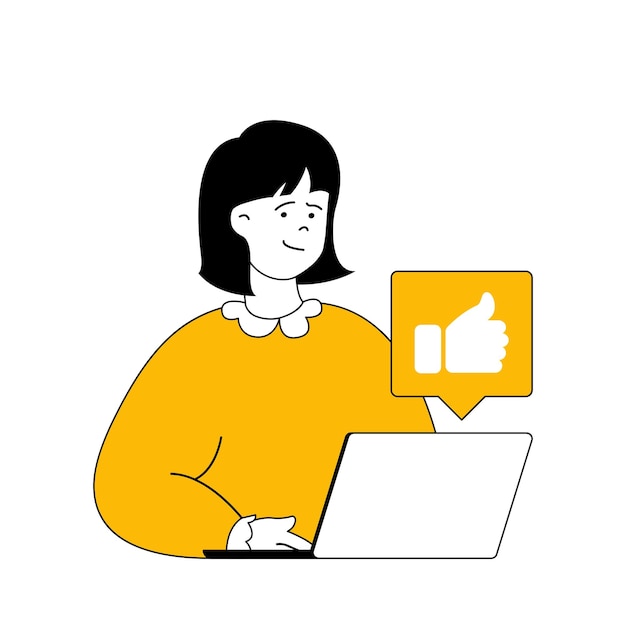Concepto de negocio digital con gente de dibujos animados en diseño plano para web Mujer recibiendo retroalimentación con la satisfacción del cliente de los clientes Ilustración vectorial para material de marketing de banner en redes sociales