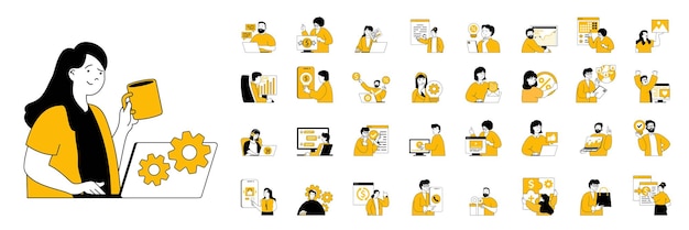 Concepto de negocio digital con personas situaciones mega conjunto en diseño web plano Bundle escenas de chats en línea marketing e-business ilustraciones vectoriales para medios sociales material de marketing de banner
