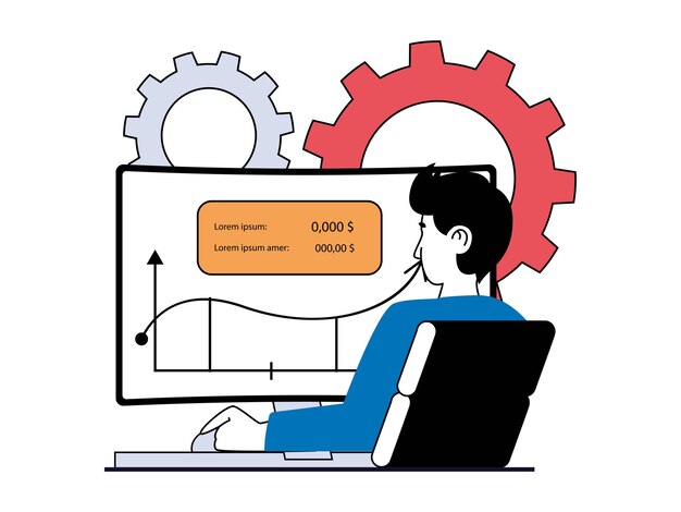 Concepto de negocio digital con situación de carácter Businessman analiza los ingresos y explora las tendencias del mercado desarrolla y mejora el inicio Ilustraciones vectoriales con escena de personas en diseño plano para web