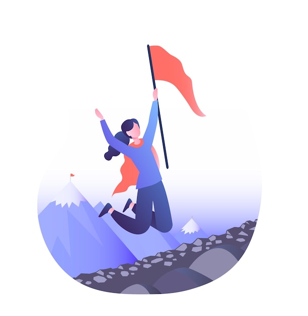 Concepto de negocio exitoso chica feliz saltando con la bandera en sus manos personaje alcanzó su meta