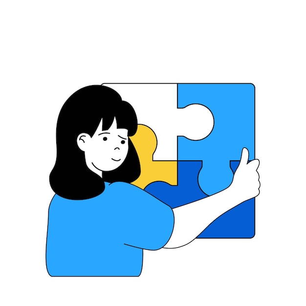 Concepto de negocio con gente de dibujos animados en diseño plano para web Mujer desarrollando empresa resolviendo rompecabezas en busca de nuevas oportunidades Ilustración vectorial para material de marketing de banner en redes sociales