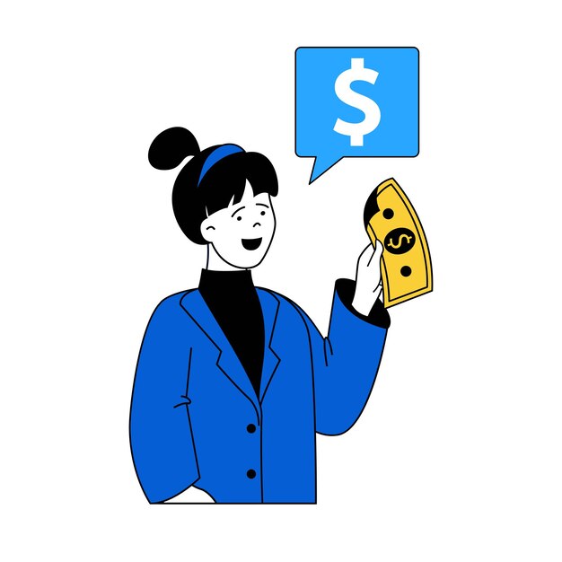 Concepto de negocio con gente de dibujos animados en diseño plano para web Mujer gestionando una empresa exitosa ganando dinero e invirtiendo en nuevas ideas Ilustración vectorial para material de marketing de banners en redes sociales