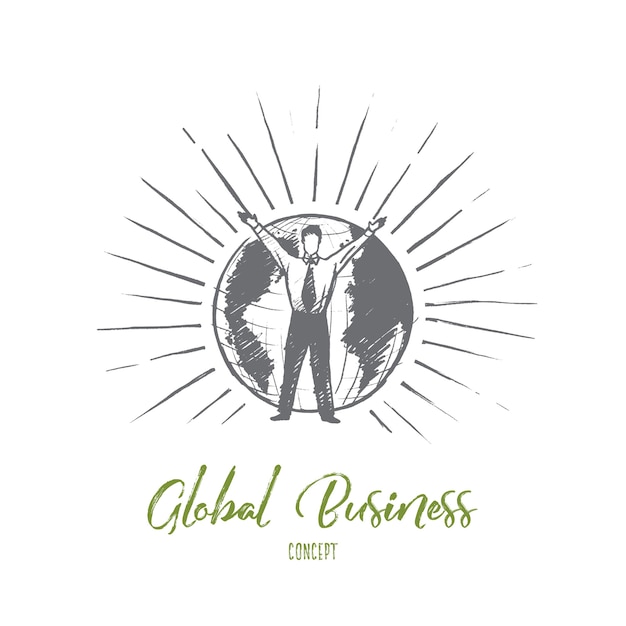 Concepto de negocio global. empresario dibujado mano levantando la mano. hombre delante de la tierra ilustración aislada.