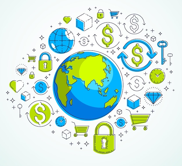 Concepto de negocio global, planeta tierra con conjunto de iconos de dólar, economía internacional, cambio de moneda, conexión de red global de Internet, vector, los elementos se pueden utilizar por separado.