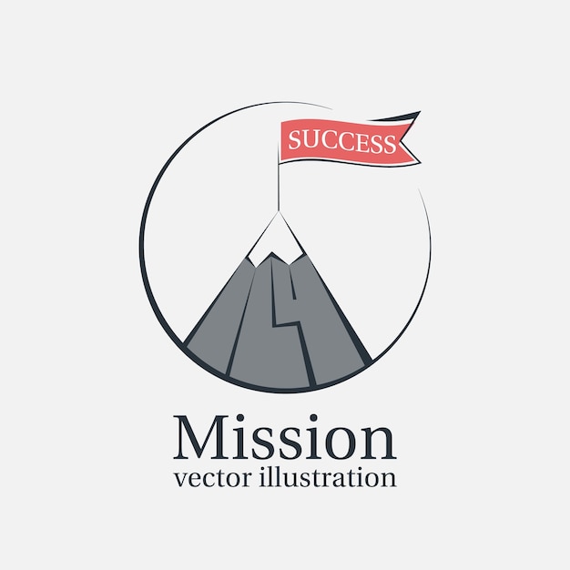 Concepto de negocio de icono de misión exitosa Bandera roja en el pico de la montaña Diseño plano de ilustración vectorial Aislado sobre fondo blanco Logro de la meta Símbolo del logotipo ganador de la victoria