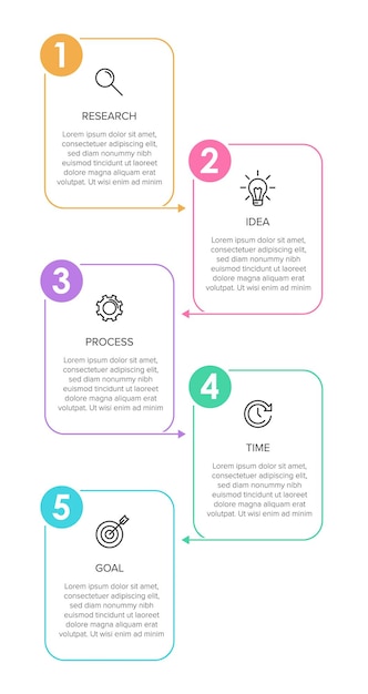 Concepto de negocio de infografía. diseño infográfico vertical con iconos y 5 opciones o pasos.