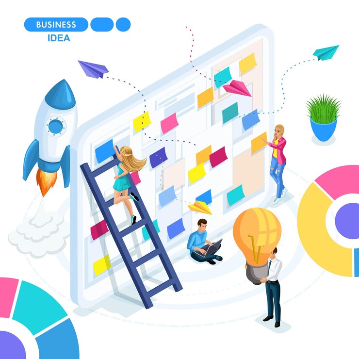 Vector concepto de negocio isométrico, planificación, creación de ideas de negocio. los jóvenes empresarios están trabajando en una estrategia de negocio.