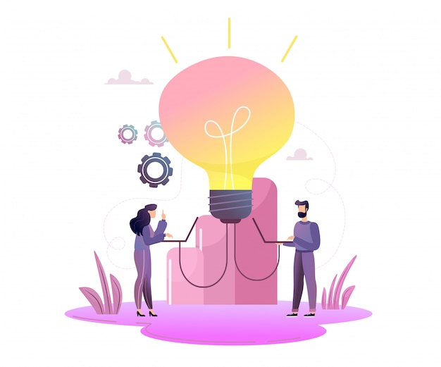 Concepto de negocio para el lanzamiento de ideas, la bombilla está brillando. Pequeños hombrecitos lanzan una idea, la bombilla está brillando parece una idea.