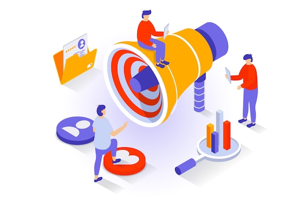Concepto de negocio y marketing en diseño isométrico 3d Personas que crean campañas publicitarias para la comunicación de promoción en línea con los clientes Ilustración vectorial con escena de isometría para gráficos web