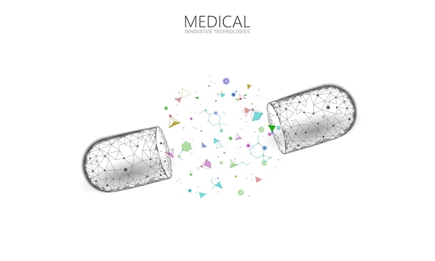 Concepto de negocio de medicina cápsula de droga abierta. banner azul brillante medicamento prebiótico probiótico bola cuidado de la salud cura enfermedad. antibiótico vitamina nutrición médica baja poli ilustración