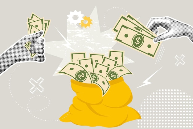 El concepto de negocio de moda de medio tono collage concepto de idea ahorros concepto de planificación financiera