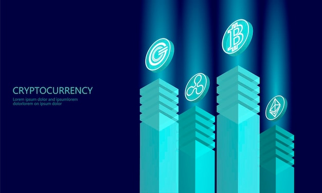 Concepto de negocio de moneda de criptomoneda de Internet isométrica Azul brillante isométrico Bitcoin Ethereum Ripple GCC moneda finanzas minería pc smartphone tecnología futura 3D infografía vector ilustración arte