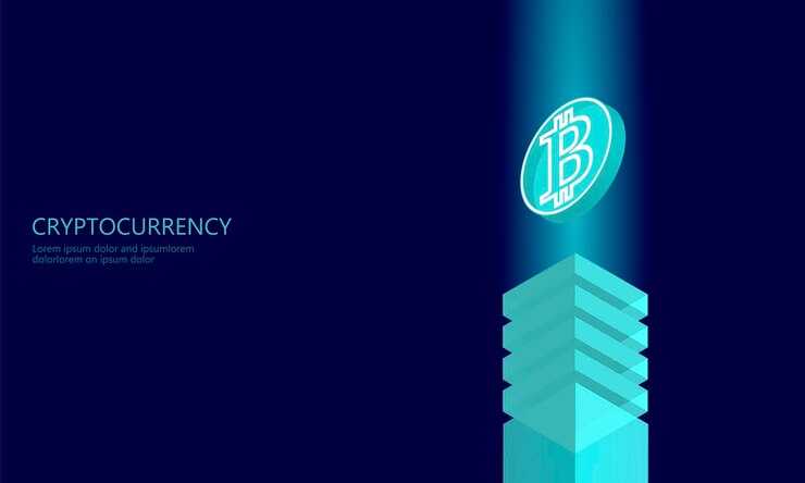 Vector concepto de negocio de moneda de criptomoneda de internet isométrica azul que brilla intensamente isométrico bitcoin moneda finanzas minería pc smartphone tecnología futura 3d infografía vector ilustración arte