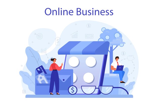 Concepto de negocio online. Personas que forman una empresa en Internet. E-commerce, idea de venta digital en sitio web, tecnología moderna.
