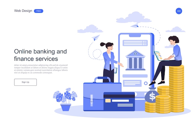 Concepto de negocio de la página web de la página de aterrizaje para banca en línea, transacción financiera.