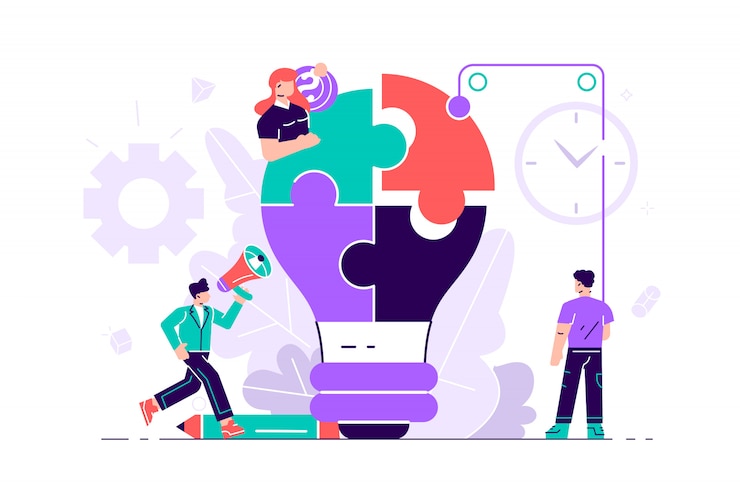 Vector concepto de negocio de personas con rompecabezas de bombilla. metáfora del equipo. personas conectando rompecabezas. ilustración de estilo plano para página web, redes sociales, documentos, tarjetas, carteles. trabajo en equipo, gestión.