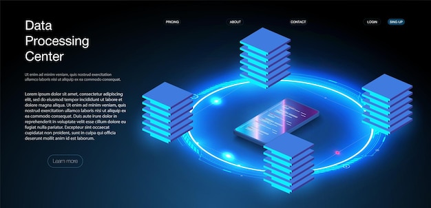 Concepto de negocio de sistema de automatización de edificios inteligente. isométrico abstracto el tema de tecnologías, datos, procesos, plataformas smart con tecnología de comunicación digital. vector