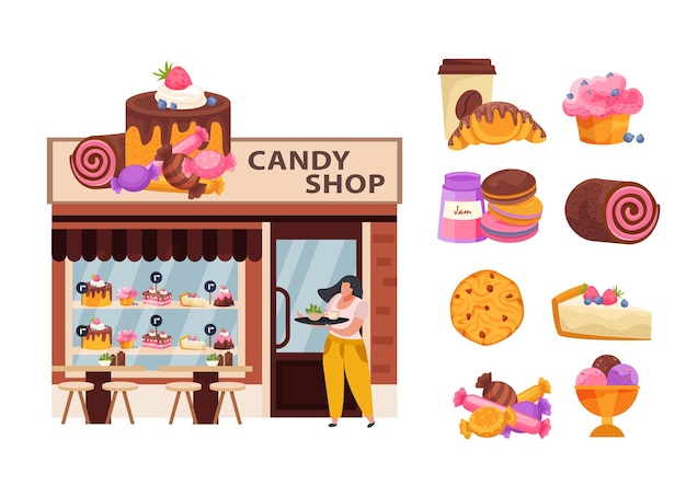 Vector concepto de negocio de tienda de dulces con pastelería y dulces