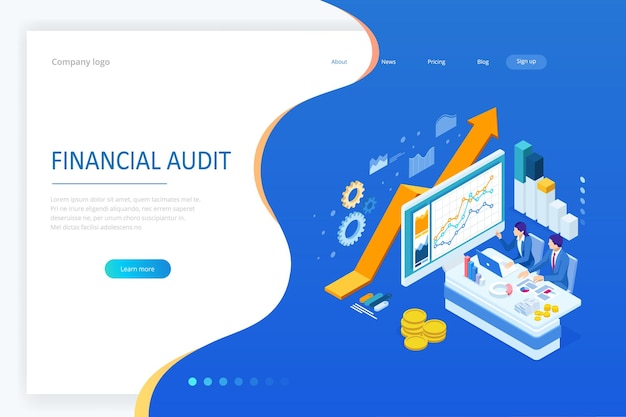 Concepto de negocio web isométrico de administración financiera análisis contable auditoría informe financiero Auditoría proceso fiscal Documentos gráficos gráficos planificador informe de calendario