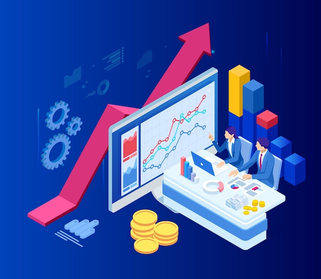 Concepto de negocio web isométrico de administración financiera análisis contable auditoría informe financiero Auditoría proceso fiscal Documentos gráficos gráficos planificador informe de calendario