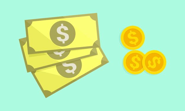 Concepto de negocios o economía con billetes de dólar y monedas de oro