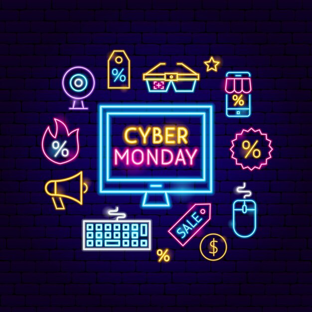 Concepto de neón de computadora Cyber Monday. Ilustración de vector de promoción de venta de compras.